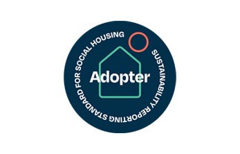Blue logo with house circle and word Adopter