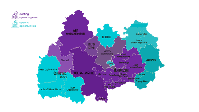 Map of northern home counties in purple and blue Map of northern home counties in purple and blue