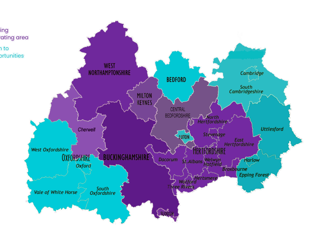 Map of northern home counties in purple and blue