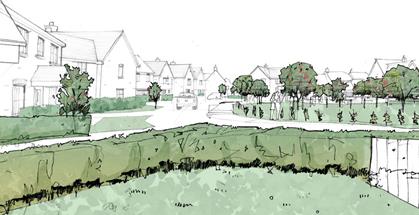 pencil drawing of homes around green space  pencil drawing of homes around green space