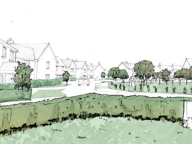 pencil drawing of homes around green space 